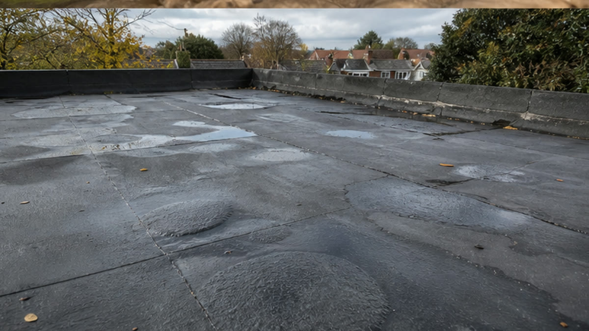 Weathered felt flat roof being checked before bad weather
