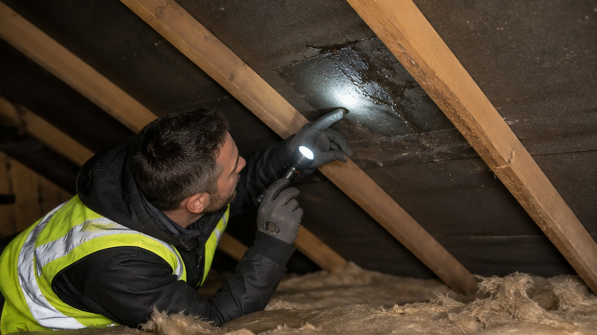 Roofer tracing rainwater ingress inside a loft