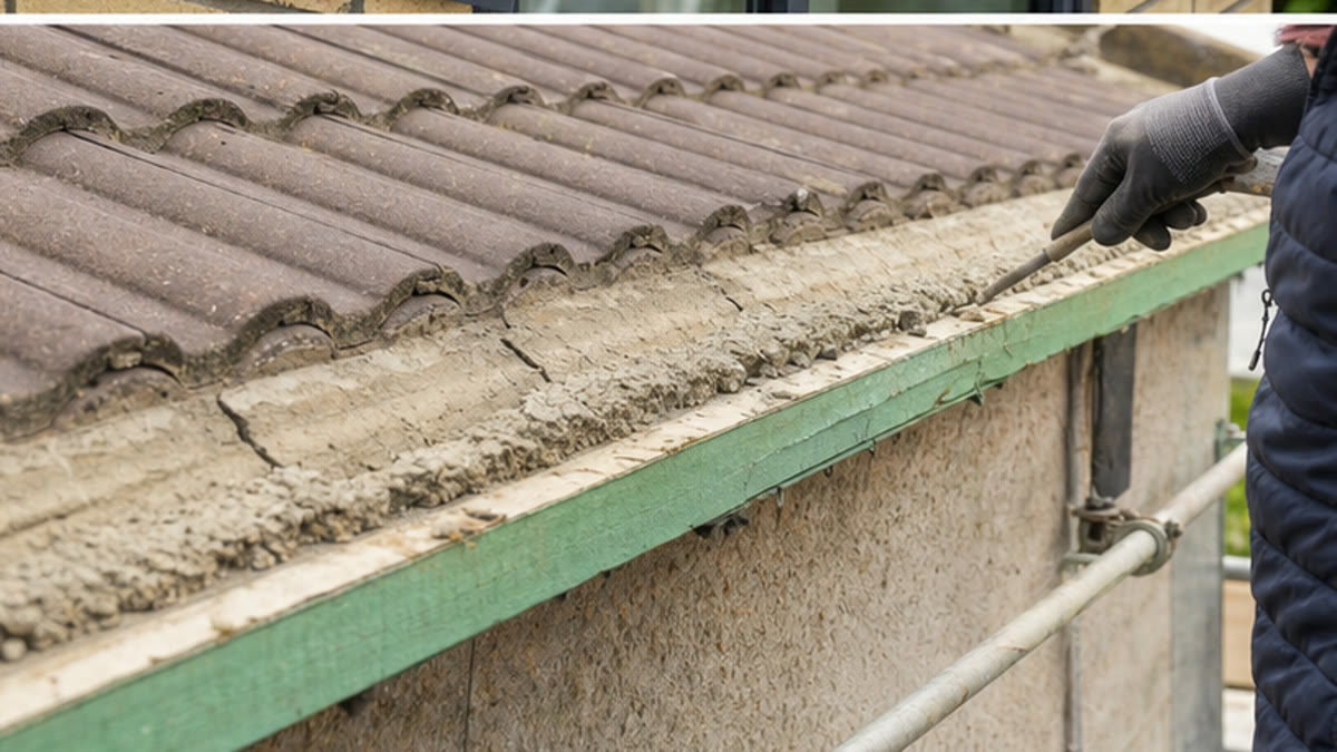 Failed mortar at a tiled roof verge being assessed