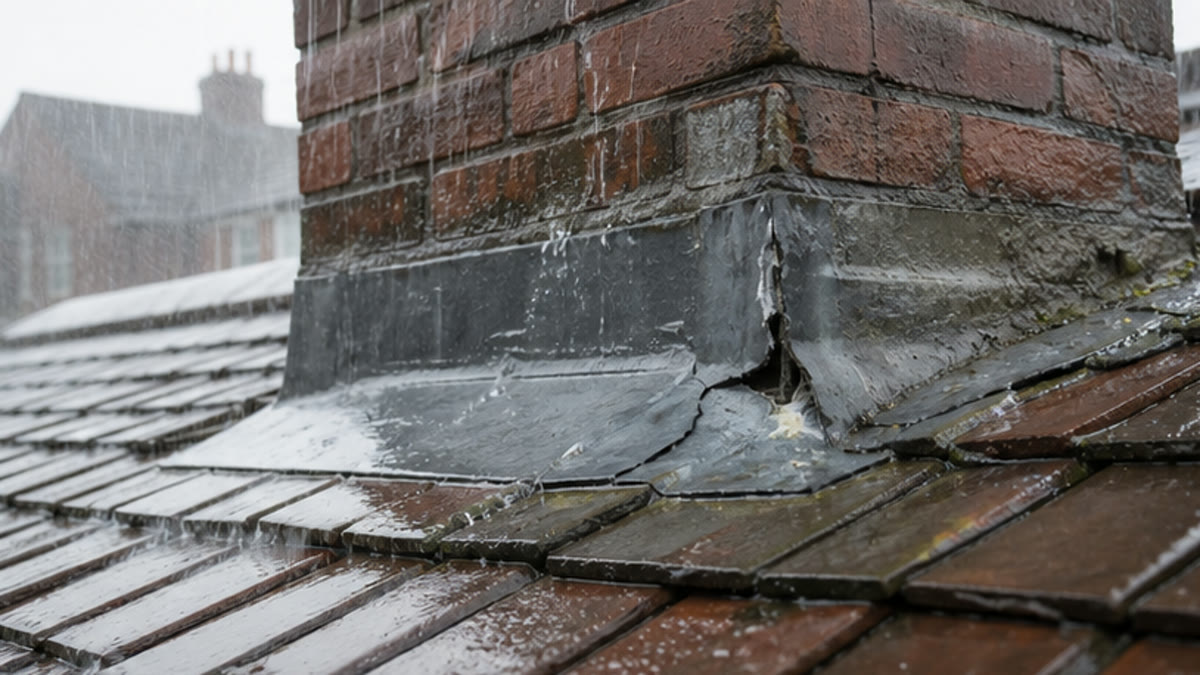 Heavy rain exposing failed flashing around a chimney