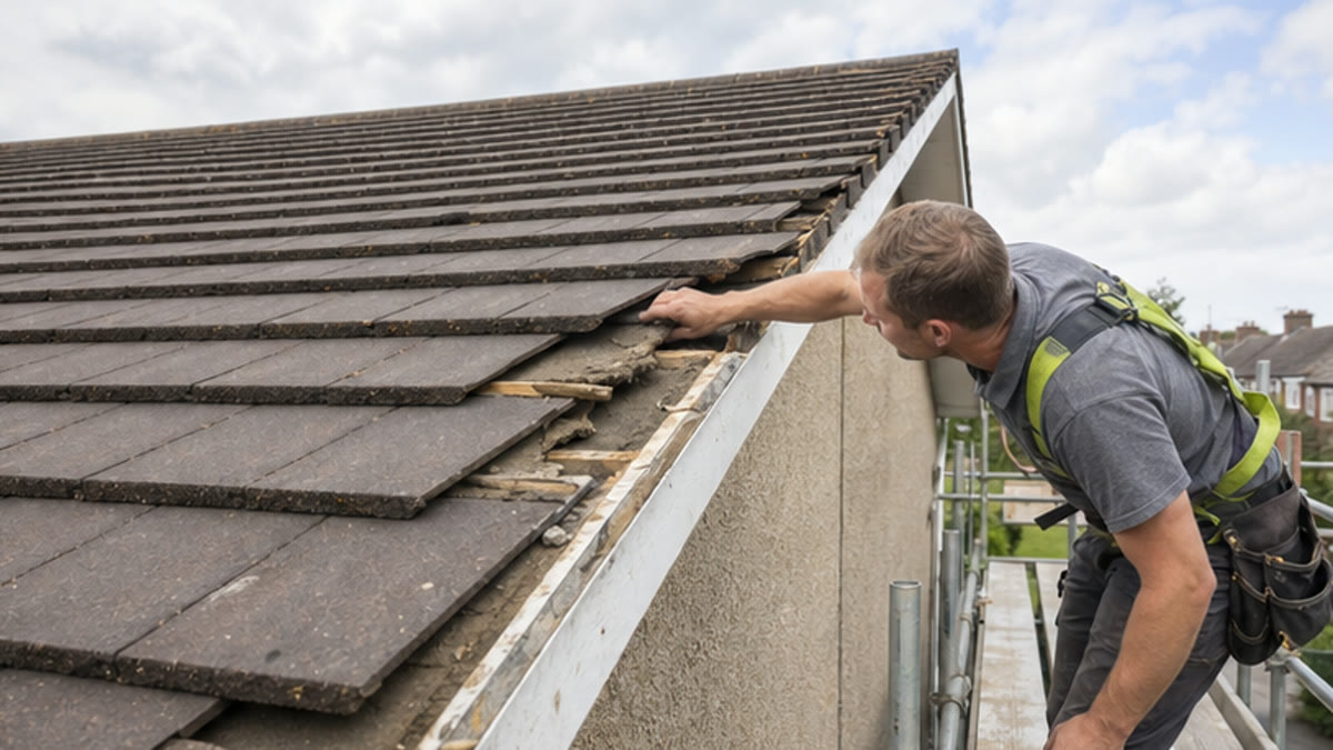 Roofer inspecting wind damage at the edge of a tiled roof