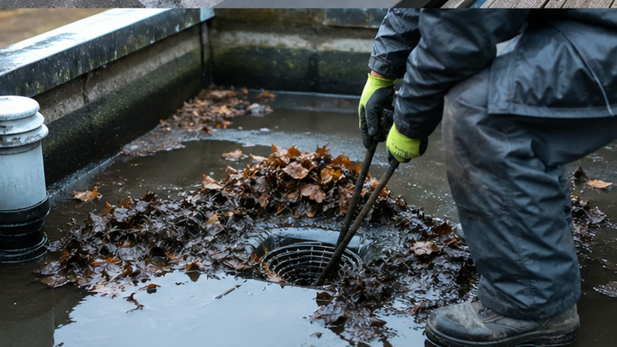 Blocked flat roof outlet being cleared of leaves