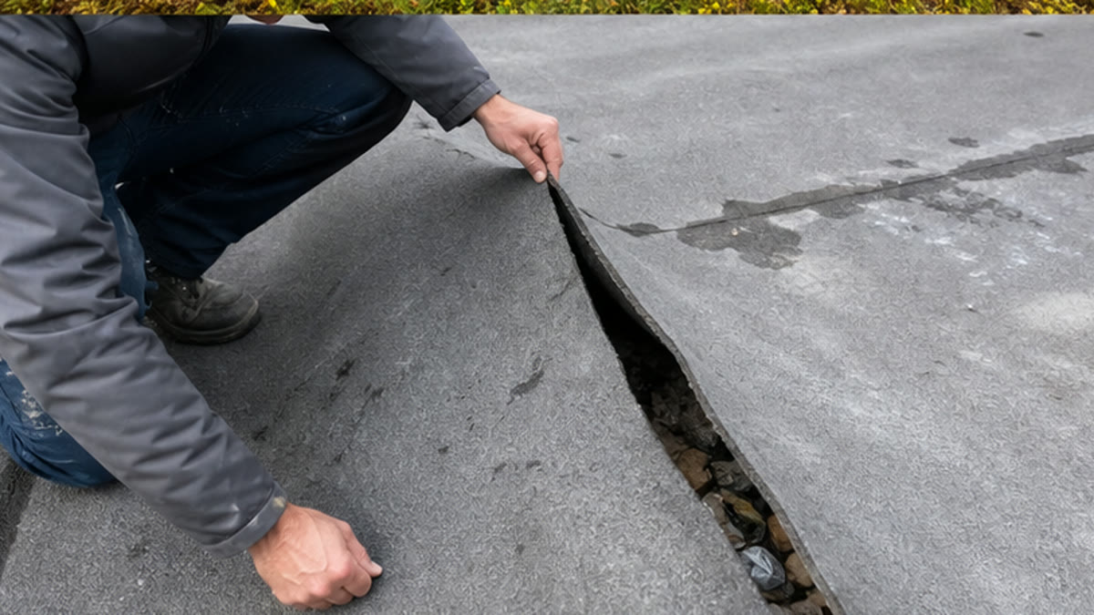 Split in weathered felt flat roofing being inspected