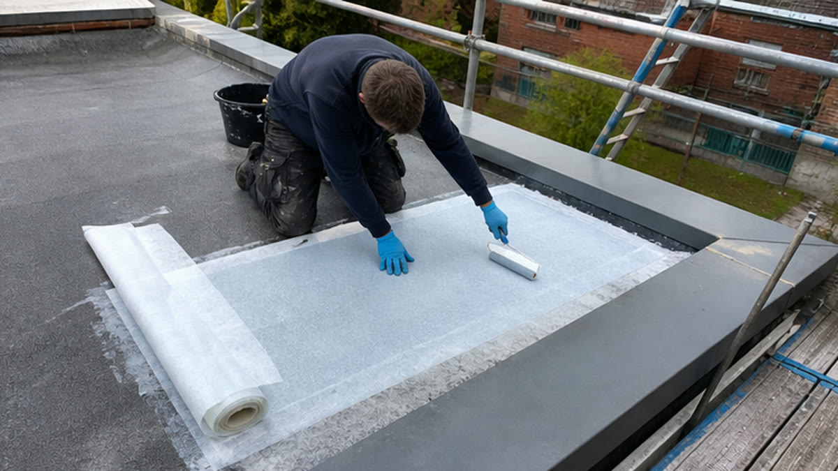 GRP fibreglass flat roof repair being prepared