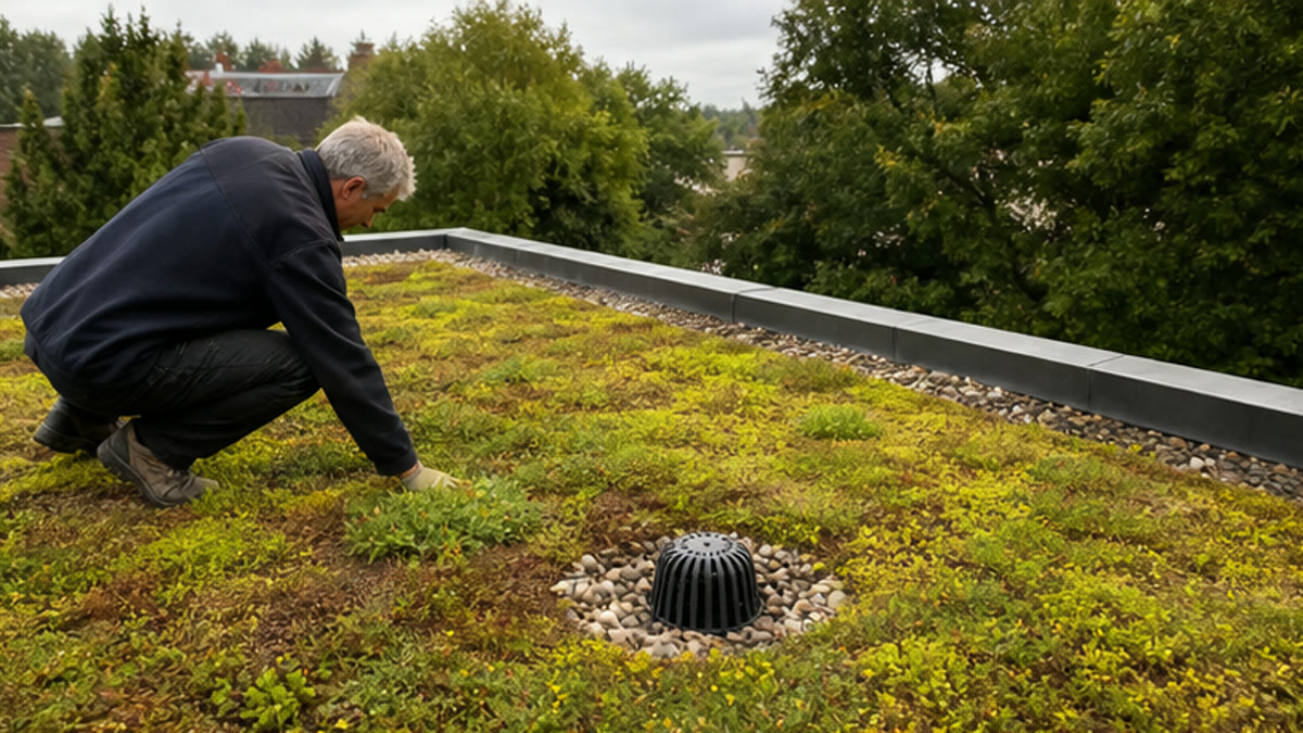Inspection of a sedum green roof and drainage outlet