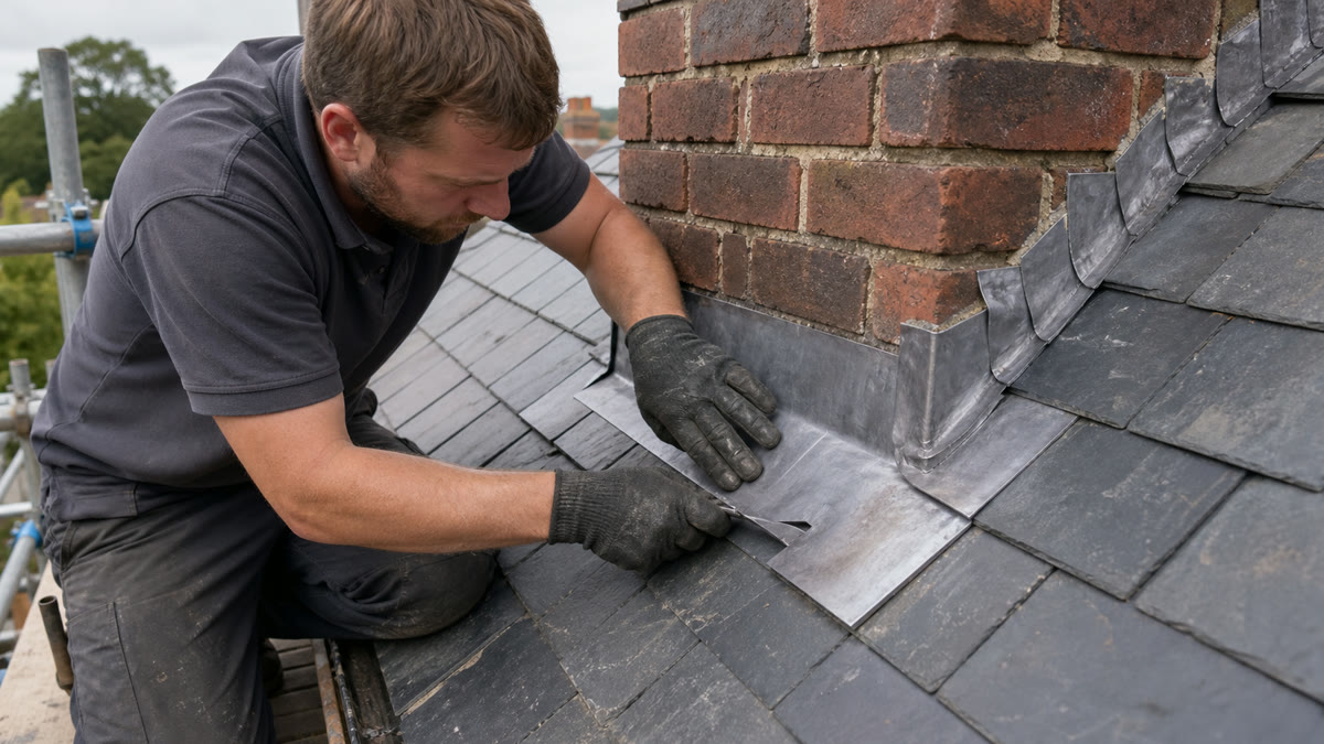 Lead flashing repair around a brick chimney on a slate roof
