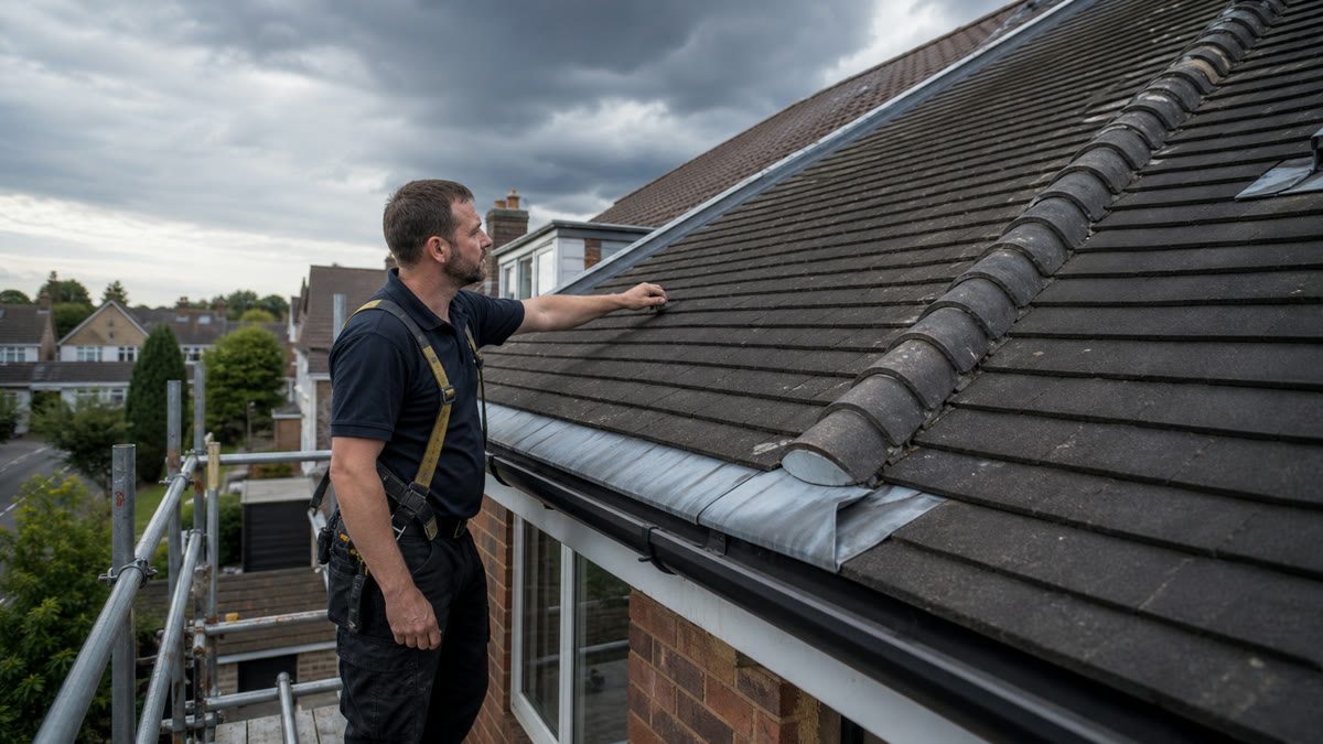 Roofer inspecting a tiled roof before summer storms